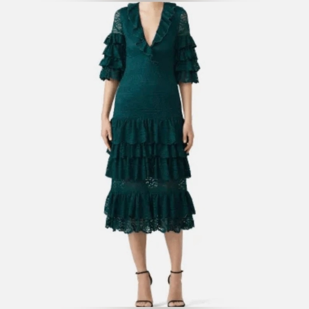 SAYLOR Emerald Green Lave Embroidered Tiered Ruffle Midi Dress Women’s Size MED